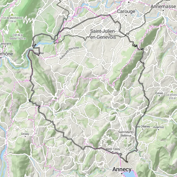 Miniature de la carte de l'inspiration cycliste "Vers Chessenaz et Menthonnex-en-Bornes" dans la Rhône-Alpes, France. Générée par le planificateur d'itinéraire cycliste Tarmacs.app
