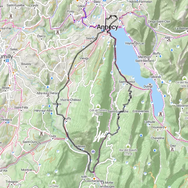 Kartminiatyr av "Vägcykling till Allèves" cykelinspiration i Rhône-Alpes, France. Genererad av Tarmacs.app cykelruttplanerare