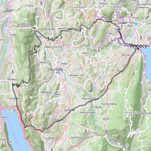 Miniatura della mappa di ispirazione al ciclismo "Avventura in bicicletta attraverso le montagne e i villaggi di Annecy" nella regione di Rhône-Alpes, France. Generata da Tarmacs.app, pianificatore di rotte ciclistiche