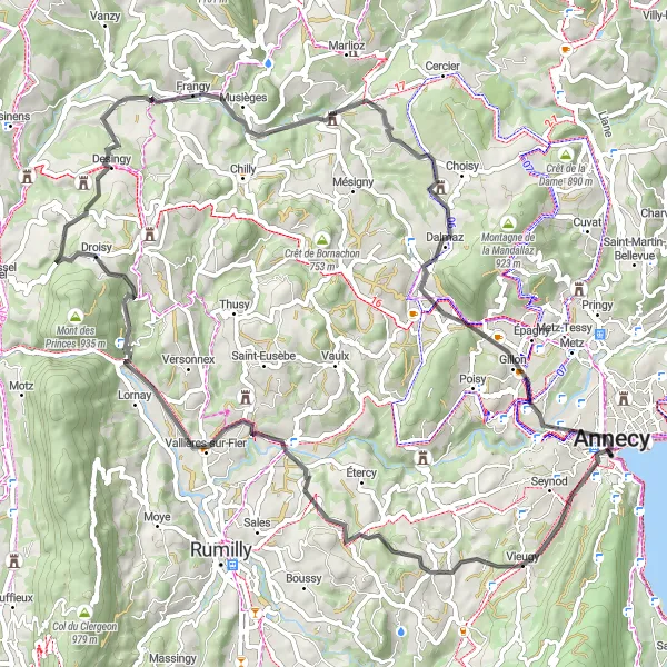 Map miniature of "Albanais and Balme-de-Sillingy Loop" cycling inspiration in Rhône-Alpes, France. Generated by Tarmacs.app cycling route planner