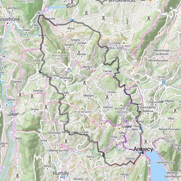 Miniatura della mappa di ispirazione al ciclismo "Tour in bicicletta epico con ascensioni mozzafiato e visite storiche" nella regione di Rhône-Alpes, France. Generata da Tarmacs.app, pianificatore di rotte ciclistiche