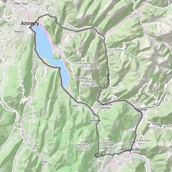 Zemljevid v pomanjšavi "Razgibana kolesarska avantura" kolesarske inspiracije v Rhône-Alpes, France. Generirano z načrtovalcem kolesarskih poti Tarmacs.app