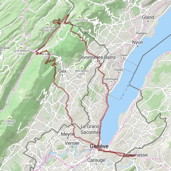 Miniature de la carte de l'inspiration cycliste "Boucle des Montagnes Genevoises" dans la Rhône-Alpes, France. Générée par le planificateur d'itinéraire cycliste Tarmacs.app
