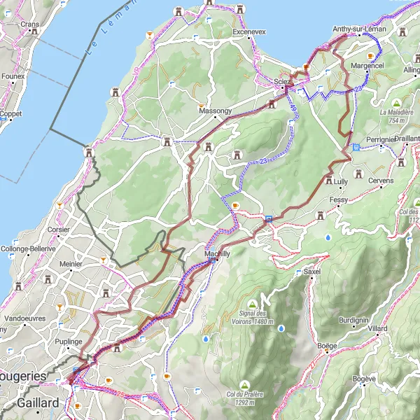 Miniatuurkaart van de fietsinspiratie "Gravelroute in de omgeving van Annemasse" in Rhône-Alpes, France. Gemaakt door de Tarmacs.app fietsrouteplanner