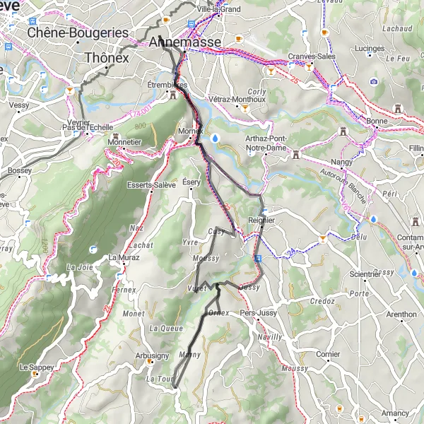 Miniature de la carte de l'inspiration cycliste "Circuit des Alpes du Léman" dans la Rhône-Alpes, France. Générée par le planificateur d'itinéraire cycliste Tarmacs.app