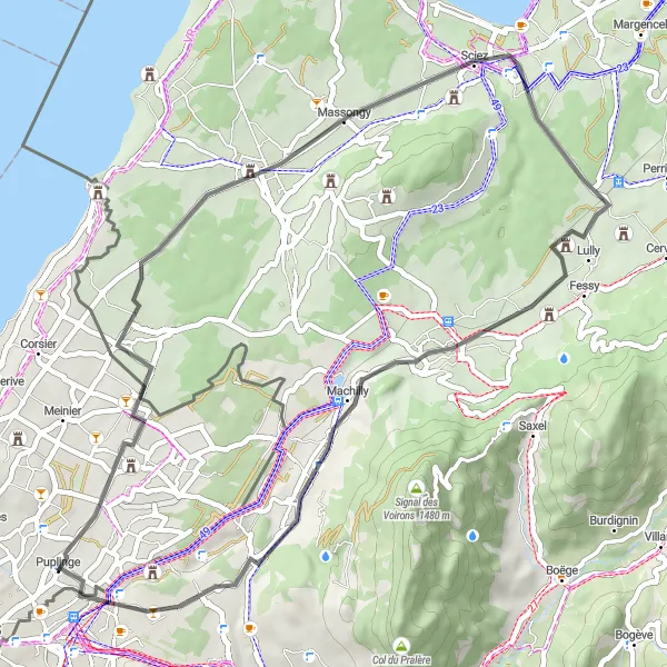 Miniatura della mappa di ispirazione al ciclismo "Giro in bicicletta da Annemasse a Puplinge e ritorno" nella regione di Rhône-Alpes, France. Generata da Tarmacs.app, pianificatore di rotte ciclistiche