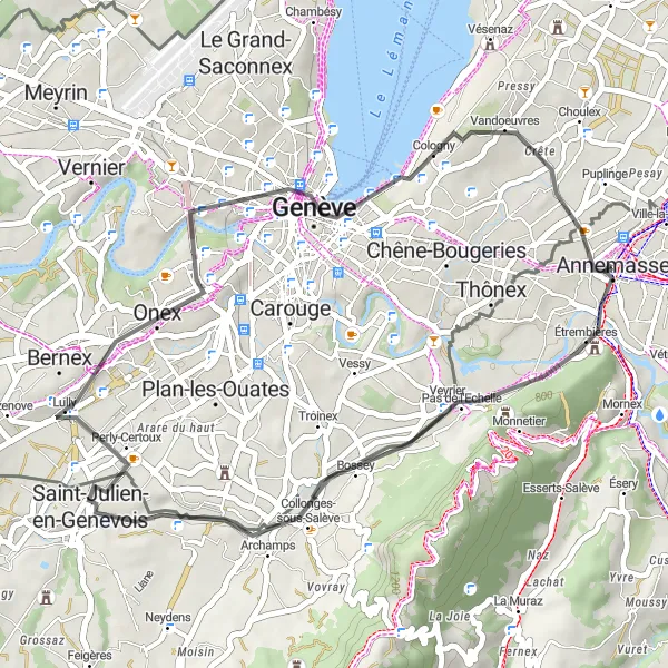Miniature de la carte de l'inspiration cycliste "Escapade dans les Monts de Genève" dans la Rhône-Alpes, France. Générée par le planificateur d'itinéraire cycliste Tarmacs.app