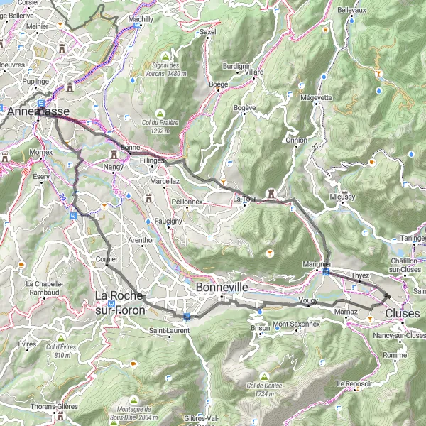 Miniatura della mappa di ispirazione al ciclismo "Giro in bicicletta da Annemasse a Cranves-Sales" nella regione di Rhône-Alpes, France. Generata da Tarmacs.app, pianificatore di rotte ciclistiche