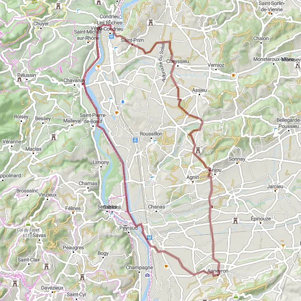 Zemljevid v pomanjšavi "Po sledeh Anneyrona" kolesarske inspiracije v Rhône-Alpes, France. Generirano z načrtovalcem kolesarskih poti Tarmacs.app