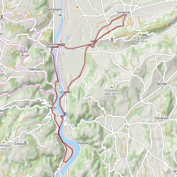 Kartminiatyr av "Grusvei Eventyr fra Anneyron til Tour d'Albon" sykkelinspirasjon i Rhône-Alpes, France. Generert av Tarmacs.app sykkelrutoplanlegger