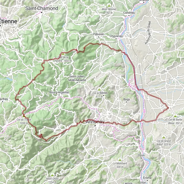 Miniatura della mappa di ispirazione al ciclismo "Avventura in gravel tra le montagne" nella regione di Rhône-Alpes, France. Generata da Tarmacs.app, pianificatore di rotte ciclistiche