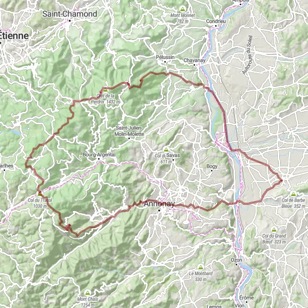 Kartminiatyr av "Grusvei Eventyr i Rhône-Alpes" sykkelinspirasjon i Rhône-Alpes, France. Generert av Tarmacs.app sykkelrutoplanlegger