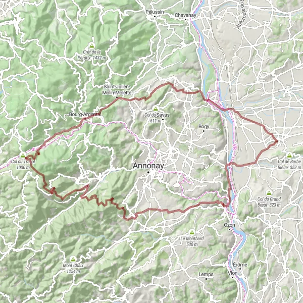 Miniature de la carte de l'inspiration cycliste "Les Vallées Sauvages de l'Ardèche" dans la Rhône-Alpes, France. Générée par le planificateur d'itinéraire cycliste Tarmacs.app