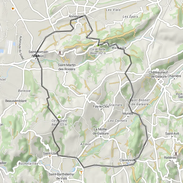 Miniatura mapy "Trasa w okolicach Anneyron - Mureils - Col du Grand Bœuf - Albon" - trasy rowerowej w Rhône-Alpes, France. Wygenerowane przez planer tras rowerowych Tarmacs.app