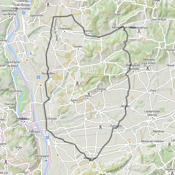 Map miniature of "Road cycling route through Épinouze and Salaise-sur-Sanne" cycling inspiration in Rhône-Alpes, France. Generated by Tarmacs.app cycling route planner