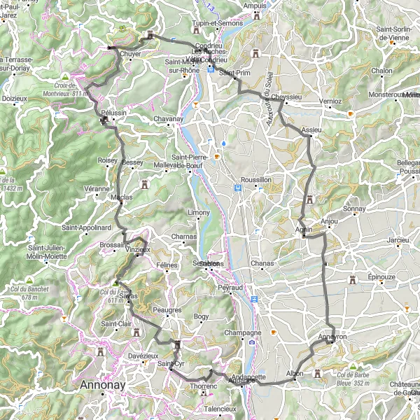 Miniaturní mapa "Kolem Andancette na silnici" inspirace pro cyklisty v oblasti Rhône-Alpes, France. Vytvořeno pomocí plánovače tras Tarmacs.app