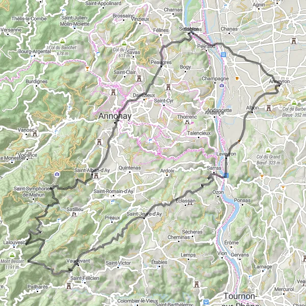 Miniatura mapy "Trasa w okolicach Anneyron - Albon - Saint-Vallier - Le Montbard - Vaudevant - Col du Marchand - Saint-Alban-d'Ay - Col du Tracoulet - Annonay - Point de Vue de la Madone - Anneyron" - trasy rowerowej w Rhône-Alpes, France. Wygenerowane przez planer tras rowerowych Tarmacs.app