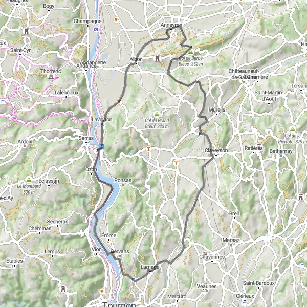 Map miniature of "Scenic road cycling route near Anneyron" cycling inspiration in Rhône-Alpes, France. Generated by Tarmacs.app cycling route planner