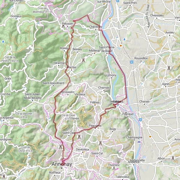 Map miniature of "Gravel Adventure - Boulieu-lès-Annonay Loop" cycling inspiration in Rhône-Alpes, France. Generated by Tarmacs.app cycling route planner