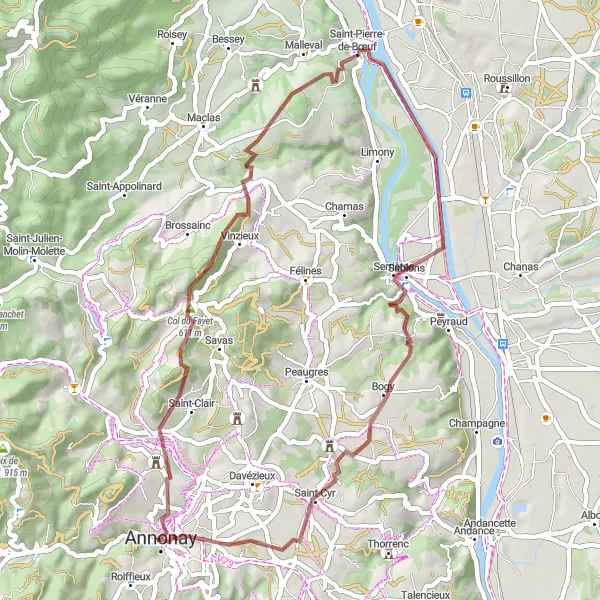 Map miniature of "Gravel Explorers - Boulieu-lès-Annonay Challenge" cycling inspiration in Rhône-Alpes, France. Generated by Tarmacs.app cycling route planner