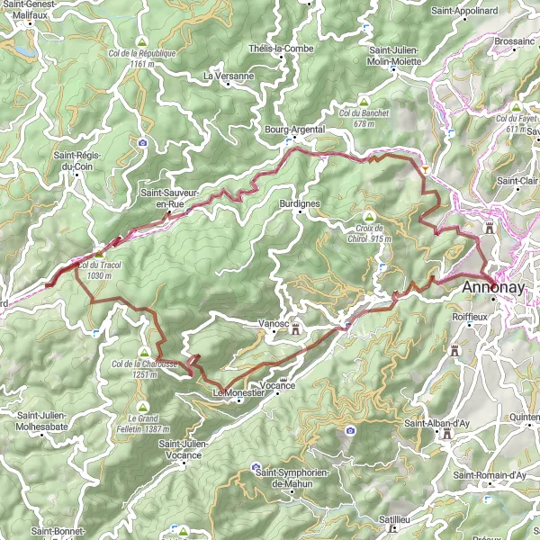 Map miniature of "Gravel Challenge - Villevocance Loop" cycling inspiration in Rhône-Alpes, France. Generated by Tarmacs.app cycling route planner