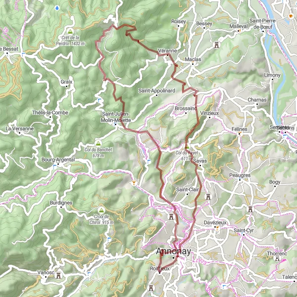 Map miniature of "Gravel Escape" cycling inspiration in Rhône-Alpes, France. Generated by Tarmacs.app cycling route planner
