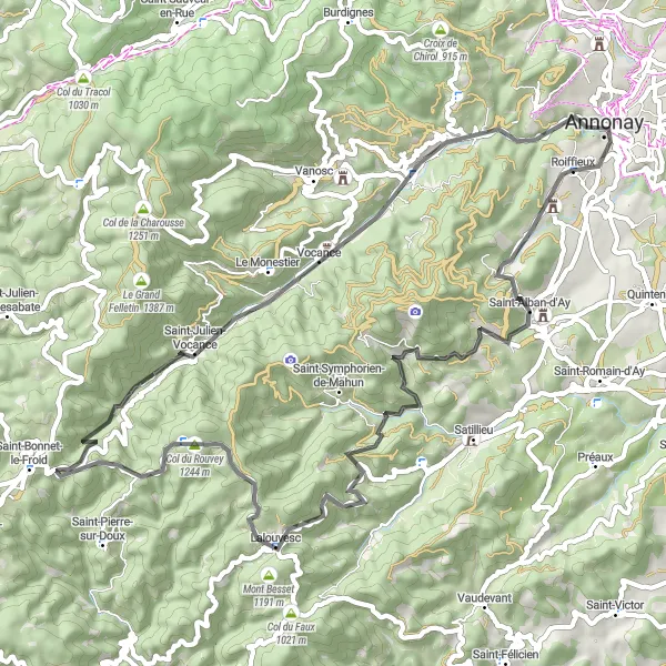 Miniatua del mapa de inspiración ciclista "Ruta de subida desafiante a través de colinas y bosques" en Rhône-Alpes, France. Generado por Tarmacs.app planificador de rutas ciclistas