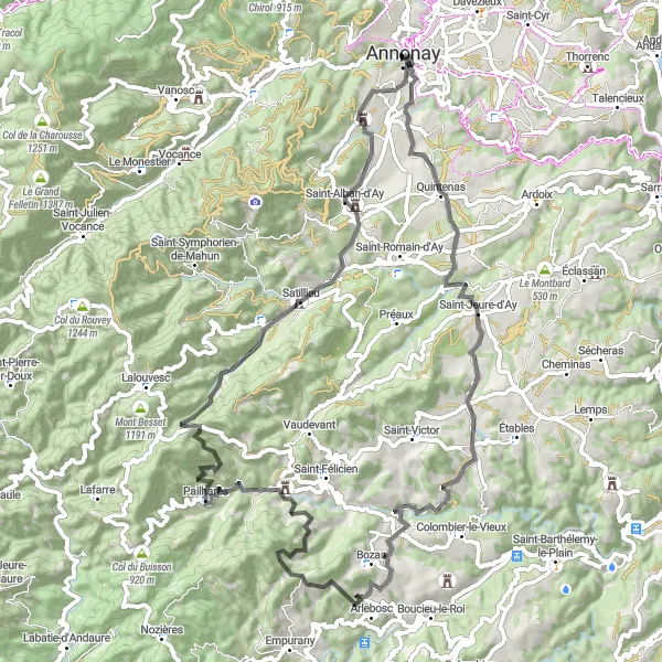 Map miniature of "Annonay Loop" cycling inspiration in Rhône-Alpes, France. Generated by Tarmacs.app cycling route planner