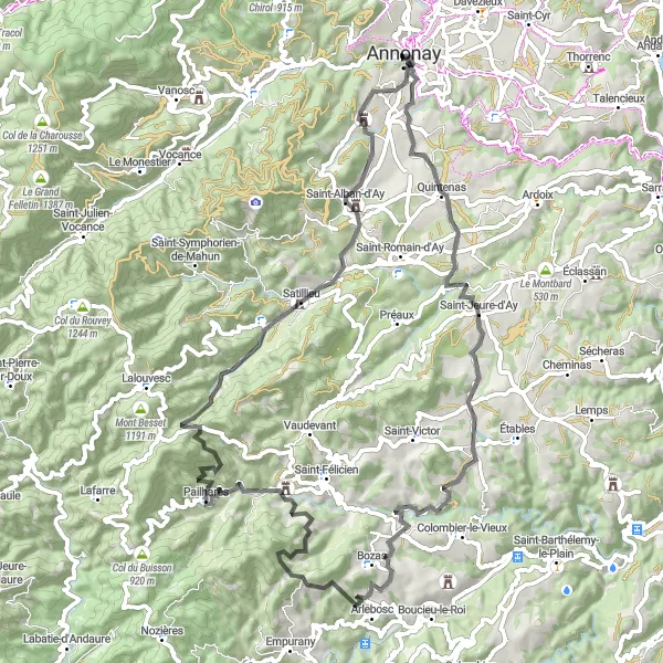 Miniaturekort af cykelinspirationen "Lang cykeltur på 77 km" i Rhône-Alpes, France. Genereret af Tarmacs.app cykelruteplanlægger