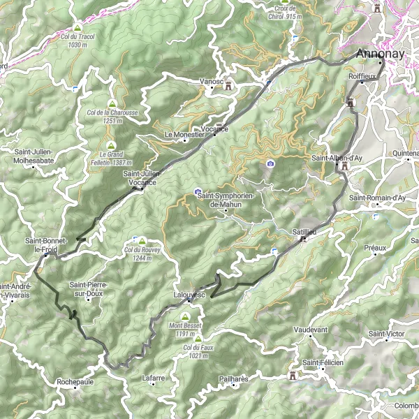 Map miniature of "Lalouvesc Circuit" cycling inspiration in Rhône-Alpes, France. Generated by Tarmacs.app cycling route planner