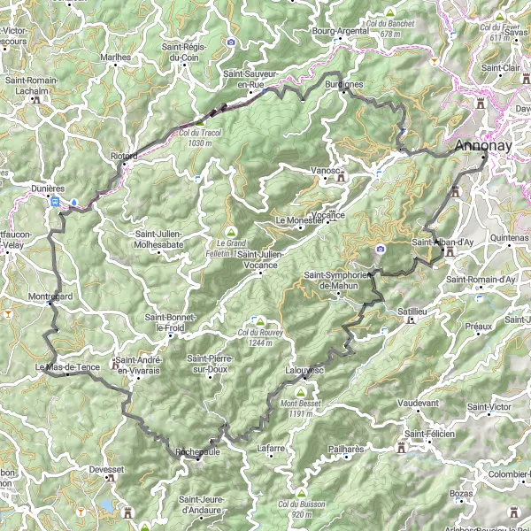 Map miniature of "Annonay to Col du Tracoulet Loop" cycling inspiration in Rhône-Alpes, France. Generated by Tarmacs.app cycling route planner