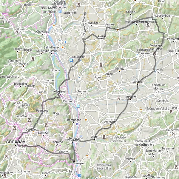 Miniatua del mapa de inspiración ciclista "Ruta de ciclismo en carretera desde Annonay" en Rhône-Alpes, France. Generado por Tarmacs.app planificador de rutas ciclistas