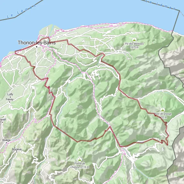 Karttaminiaatyyri "Gravel-reitti Thonon-les-Bainsin ympäristössä" pyöräilyinspiraatiosta alueella Rhône-Alpes, France. Luotu Tarmacs.app pyöräilyreittisuunnittelijalla