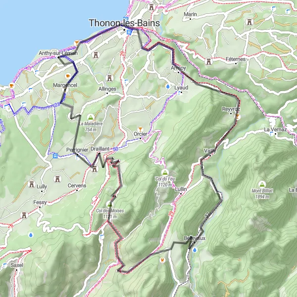 Miniatuurkaart van de fietsinspiratie "Pittoreske weg naar Perrignier" in Rhône-Alpes, France. Gemaakt door de Tarmacs.app fietsrouteplanner