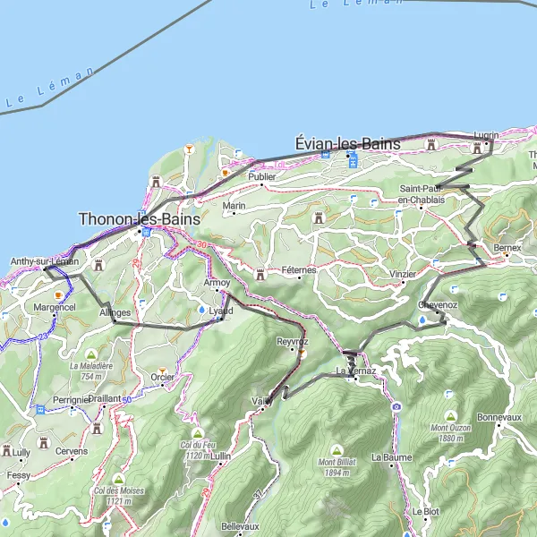 Miniatura della mappa di ispirazione al ciclismo "Giro in bicicletta da Anthy-sur-Léman attraverso Thonon-les-Bains" nella regione di Rhône-Alpes, France. Generata da Tarmacs.app, pianificatore di rotte ciclistiche