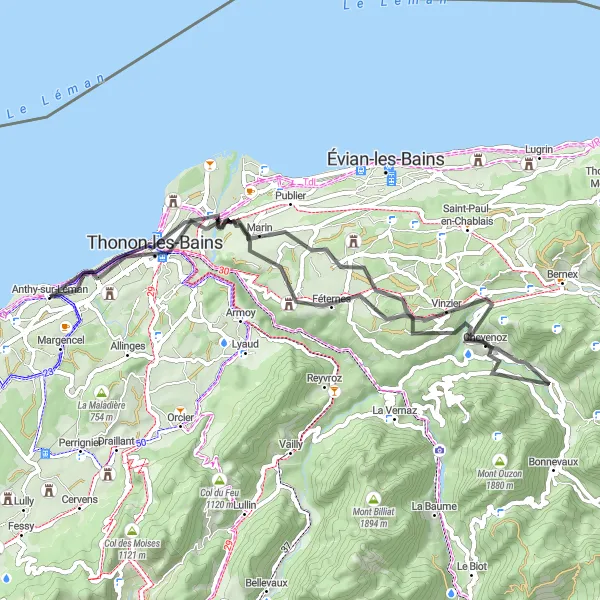 Kartminiatyr av "Kysttur fra Anthy-sur-Léman" sykkelinspirasjon i Rhône-Alpes, France. Generert av Tarmacs.app sykkelrutoplanlegger