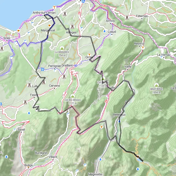 Map miniature of "Châteaux and Mountain Passes" cycling inspiration in Rhône-Alpes, France. Generated by Tarmacs.app cycling route planner