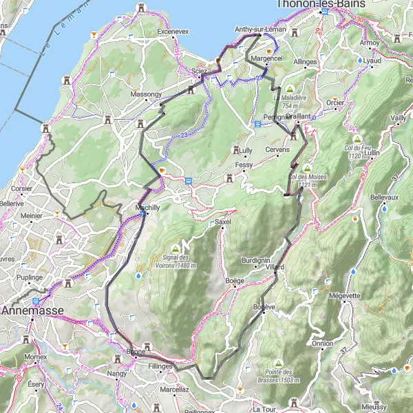 Kartminiatyr av "Utforsk bakketoppene nær Anthy-sur-Léman" sykkelinspirasjon i Rhône-Alpes, France. Generert av Tarmacs.app sykkelrutoplanlegger