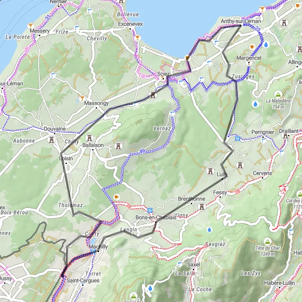Miniatura della mappa di ispirazione al ciclismo "Escursione in bicicletta tra Bons-en-Chablais e Sciez" nella regione di Rhône-Alpes, France. Generata da Tarmacs.app, pianificatore di rotte ciclistiche