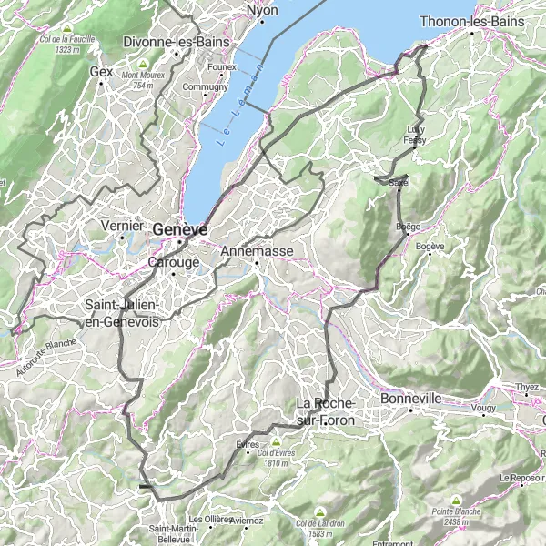 Kartminiatyr av "Utforsk Genevesjøen på landeveier" sykkelinspirasjon i Rhône-Alpes, France. Generert av Tarmacs.app sykkelrutoplanlegger