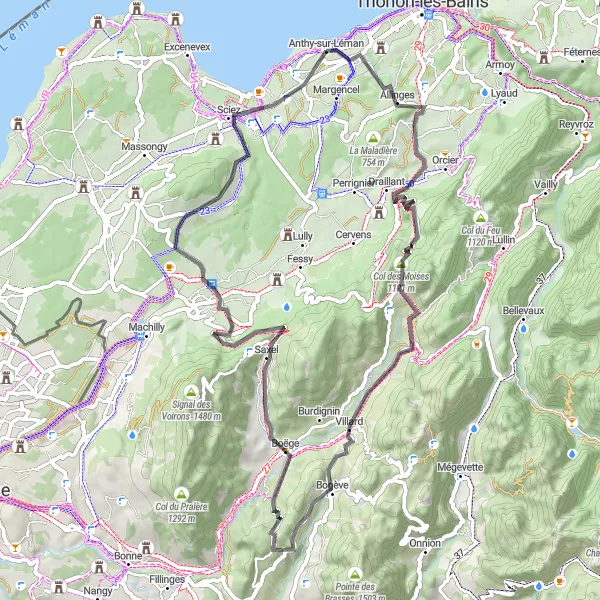 Karttaminiaatyyri "Pyöräilyreitti Anthy-sur-Lémanista" pyöräilyinspiraatiosta alueella Rhône-Alpes, France. Luotu Tarmacs.app pyöräilyreittisuunnittelijalla