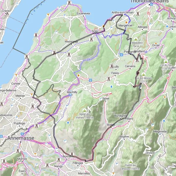 Karttaminiaatyyri "Pyöräilyreitti Anthy-sur-Lémanista: Margencel - Boëge" pyöräilyinspiraatiosta alueella Rhône-Alpes, France. Luotu Tarmacs.app pyöräilyreittisuunnittelijalla