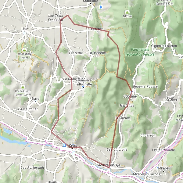 Map miniature of "Gravel ride through Cobonne and Crest" cycling inspiration in Rhône-Alpes, France. Generated by Tarmacs.app cycling route planner