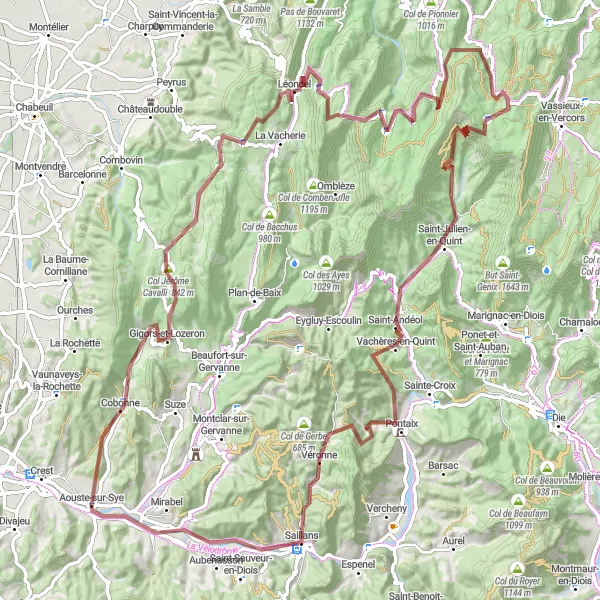 Miniatura della mappa di ispirazione al ciclismo "Giro in bicicletta da Aouste-sur-Sye" nella regione di Rhône-Alpes, France. Generata da Tarmacs.app, pianificatore di rotte ciclistiche