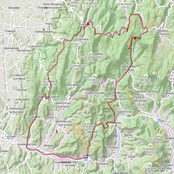 Miniatuurkaart van de fietsinspiratie "Gravelavontuur rond Aouste-sur-Sye" in Rhône-Alpes, France. Gemaakt door de Tarmacs.app fietsrouteplanner