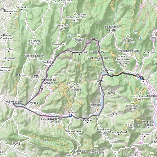 Map miniature of "The Beaufort-sur-Gervanne Loop" cycling inspiration in Rhône-Alpes, France. Generated by Tarmacs.app cycling route planner