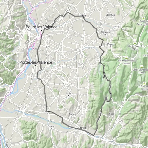 Kartminiatyr av "Landsväg till Combovin och tillbaka" cykelinspiration i Rhône-Alpes, France. Genererad av Tarmacs.app cykelruttplanerare