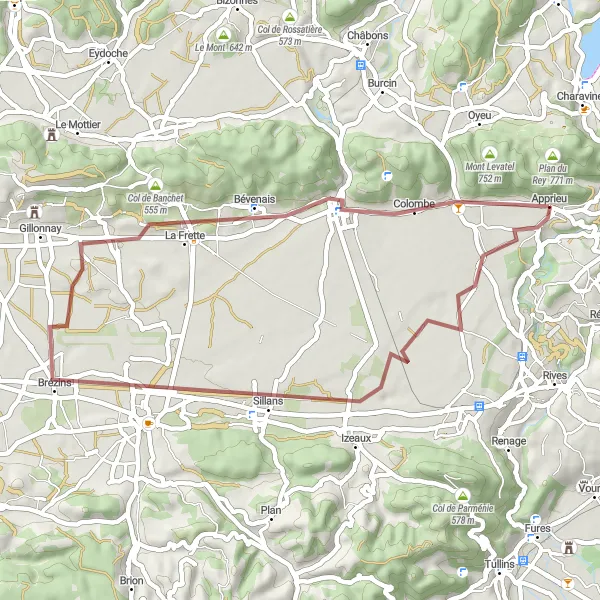 Map miniature of "Gravel Escape" cycling inspiration in Rhône-Alpes, France. Generated by Tarmacs.app cycling route planner