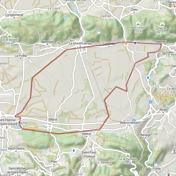 Kartminiatyr av "Grusveirute til Izeaux og Le Grand-Lemps" sykkelinspirasjon i Rhône-Alpes, France. Generert av Tarmacs.app sykkelrutoplanlegger