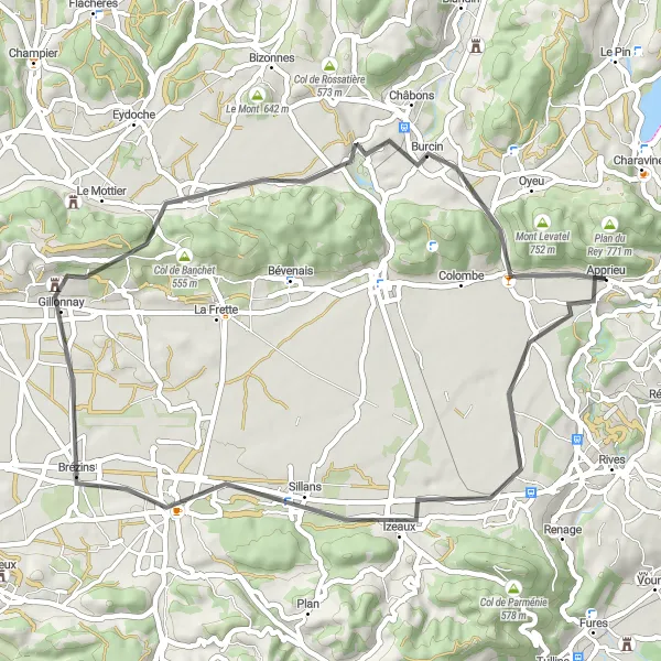 Miniature de la carte de l'inspiration cycliste "Parcours pittoresque entre vallées et châteaux" dans la Rhône-Alpes, France. Générée par le planificateur d'itinéraire cycliste Tarmacs.app